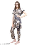 Printed satin nightsuit for women, long and loose with short sleeves, Indian-made loungewear in size L