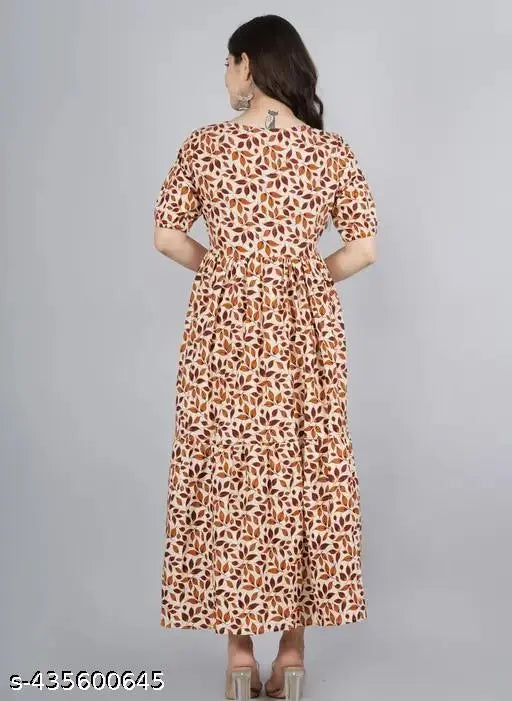 Autumn Breeze leaf-patterned maxi cotton kurti, three-quarter sleeves, Indian print design on display