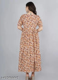 Autumn Breeze leaf-patterned maxi cotton kurti, three-quarter sleeves, Indian print design on display