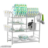 Stainless steel 4-shelf kitchen utensils rack with plate and cutlery stand, modular design for space-saving storage. Dimensions: 24L x 24H inches, India-made