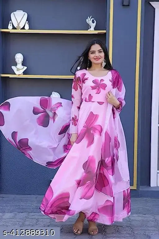 Purple Georgette flower-printed Anarkali Kurta & dupatta, full sleeves, India-made elegance for women's wear
