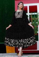 Anarkali printed rayon kurtis for women and girls, embroidered combo in three-quarter sleeves, India-made fashion apparel