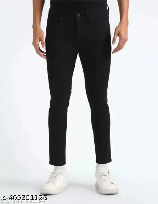 Polycotton men's jeans, mid-rise, full length, machine washable, five pockets, black color. Pack of one quantity. Made in India. Size: 28 (waist 28in, length 39in), 30 (waist 30in, length 39in), 32 (waist 32in, length 39in), 34 (waist 34in, length 39in)