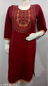 Maroon embroidered wool A-line kurti, three-quarter sleeves, L (40in bust, 42in length), India