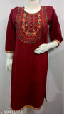 Maroon embroidered wool A-line kurti with three-quarter sleeves, ideal for day, wedding, casual, office, or evening wear. Handcrafted in India