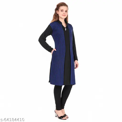 Solid blue cotton three-quarter sleeve embroidered women's shrug kurti from India