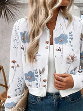 White floral jacket, polyester semi-winterwear. Long sleeves, printed net design. Ideal for casual or dressy looks