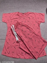 Pink hosiery cotton printed ladies night suit, short sleeves, regular fit
