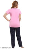Winter Festival Special Pink Printed Night Suit for Women, soft cotton pyjama set with short sleeves & elastic waist, ideal for sleepwear & loungewear