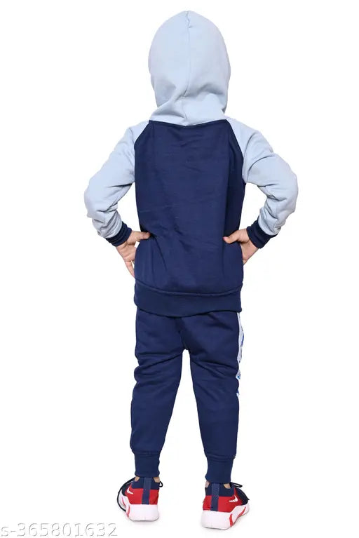 Indian-made, wool full sleeve hoodie & pants set for toddlers (2-7 years), featuring cartoon print, stand collar, zipper design, and 2 side pockets