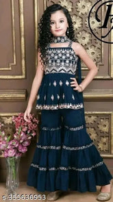 Dark Blue Georgette Embellished Kurta & Sharara Set for Girls Partywear