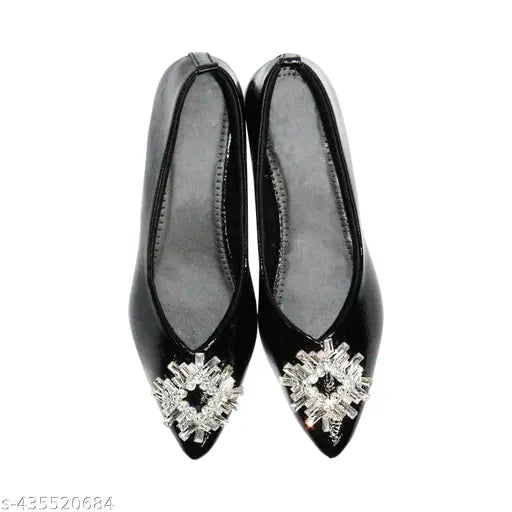 Dimond patch black patent leather ballerinas with textured slip-on design, India origin