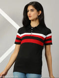 Black cotton blend striped half-sleeve polo t-shirt for women, casual and stylish