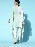 Cream rayon kaftan-style kurta & pant set with green digital print, V-neck and three-quarter sleeves