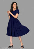 Navy Blue Rayon Fit and Flare Calf-Length Dress with Square Neck & Puff Sleeves, perfect for casual occasions