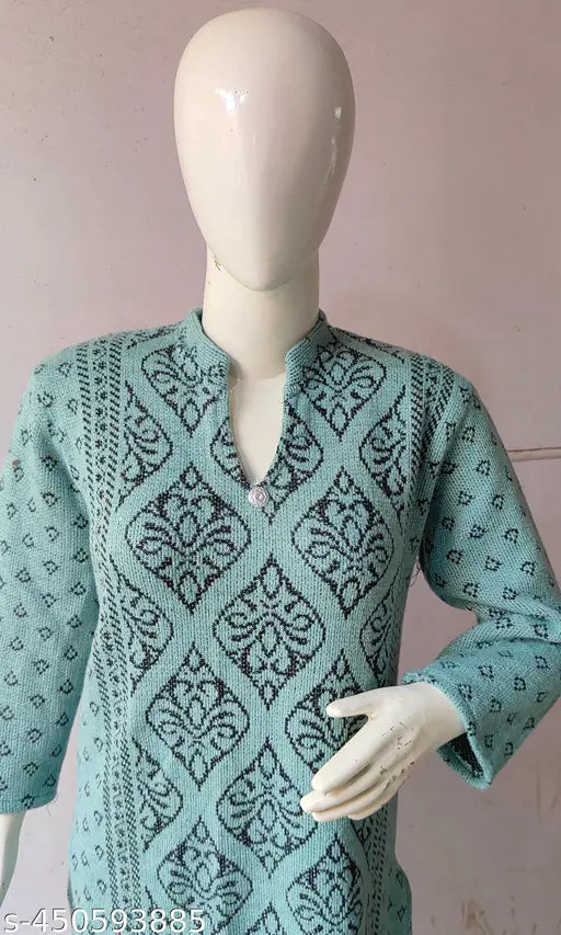 Woolen printed kurta, three-quarter sleeves, very warm and stylish women's kurta from India