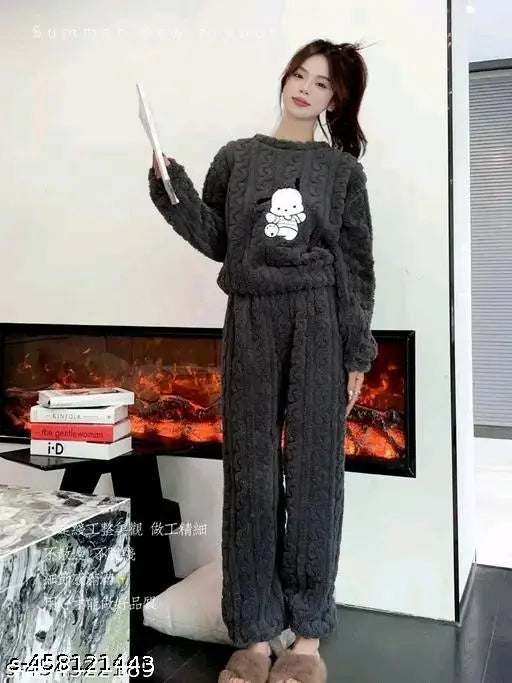 Winter woolen night suit top & bottom set for women, printed pyjamas in warm tones, perfect for chilly nights