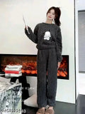 Winter woolen night suit top & bottom set for women, printed pyjamas in warm tones, perfect for chilly nights