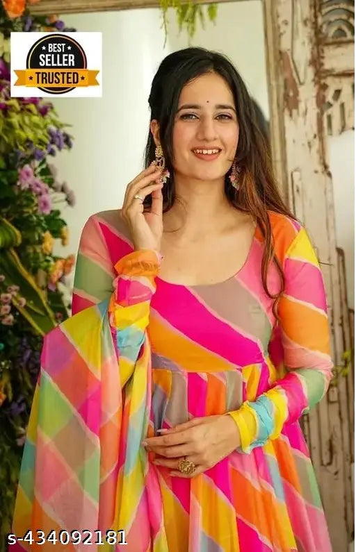Georgette printed leheriya latest dress with dupatta, breathable & soft for casual or traditional events