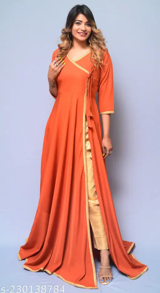 Orange polyester v-neck party kurti, elegantly stitched Angrakha style, perfect for women's events