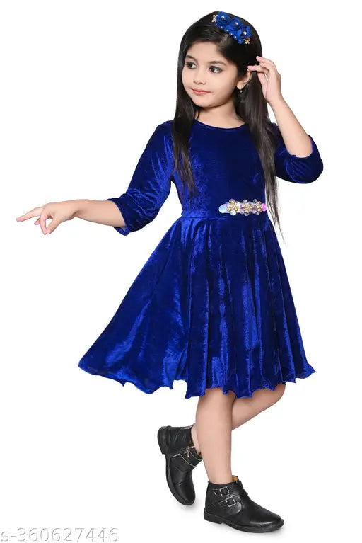 Velvet frock for girls, solid pattern, three-quarter sleeves, kids dress, Indian-made