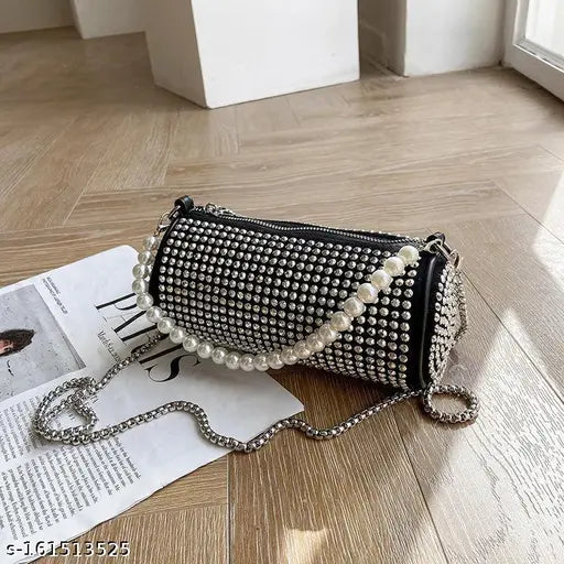 Canvas embellished universal pearl chain Boston shoulder bag, free size (L:7in, W:3in, H:3in), with zipper pocket and mobile phone compartment. Retro-style rhinestone bag accessory from IYA PRESENTS