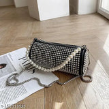 Canvas embellished universal pearl chain Boston shoulder bag, free size (L:7in, W:3in, H:3in), with zipper pocket and mobile phone compartment. Retro-style rhinestone bag accessory from IYA PRESENTS