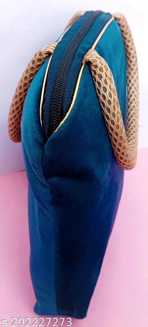 Blue velvet handbag, solid pattern, free size, premium quality for ladies & girls, made in India