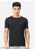 Black polyester men's t-shirt with short sleeves, solid design. M (chest size 40in, length size 28.5in), L (chest size 42in, length size 29in), XL (chest size 44in, length size 30in). Made in India