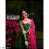 Embroidered Georgette Gree bandhni dupatta, digital print maxi gown with mirror work