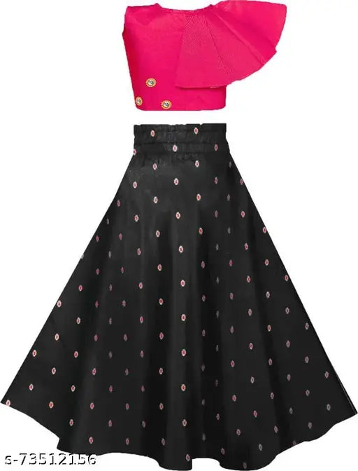 Embellished silk-cotton blend lehenga choli for girls, Indian ethnic wear party outfit, mirror work on flared skirt and fitted crop top