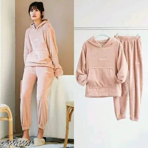 Wool winter hood nightsuit, soft fur fabric, solid color pyjama with kangaroo pocket for women, available in multiple sizes