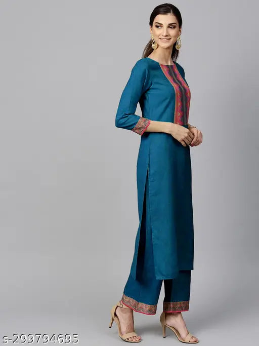 Teal cotton kurti set with dupatta and bottomwear, embroidered three-quarter sleeve, pack of 3 sizes from XS to XXL, Indian craftsmanship