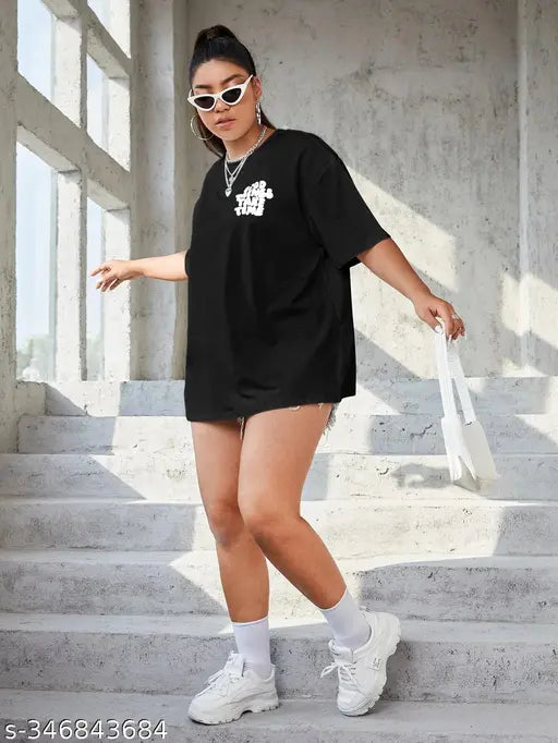 Oversized cotton round neck t-shirt for women, printed with 'Good Things Takes Time' design, three-quarter sleeves