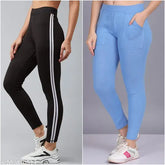 Striped cotton blend yoga jeggings & pocket jogger combo for women, two pieces per set - India origin