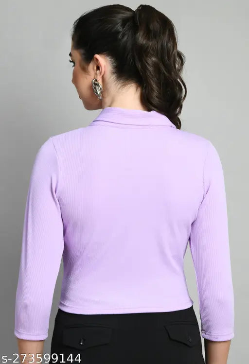 Solid cotton blend collared t-shirt for women, three-quarter sleeves, size S-XL, Indian origin