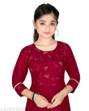 Embroidered rayon kurta for girls, aged 10-11 years, with three-quarter sleeves and embellished net pattern. Indian traditional wear