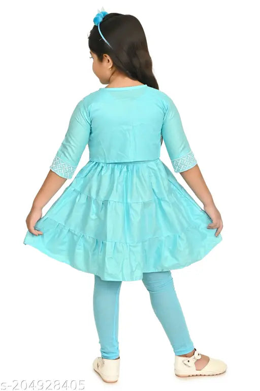 Sky Blue cotton round neck sleeveless frock with jacket for girls (Pack of 1), featuring anarkali bottom and churidar style. Elevate your little one's wardrobe with this comfortable and stylish ensemble suitable for various occasions