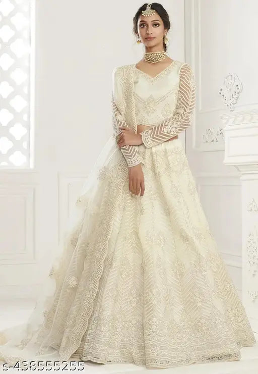Smooth peach net Alisha Petite women's Lehenga set, intricately embroidered in traditional Indian style