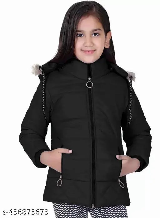 Girls black nylon jacket & coat pack of 1 - Polyester, long sleeves, solid pattern, trendy kids' wear, size 7-8 Years (Bust 36in, Length 22in, Waist 33in, Hip 37in) - India origin