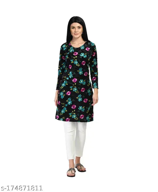 Velvet floral print women's kurti (M, 36in bust/length), warm winter wear