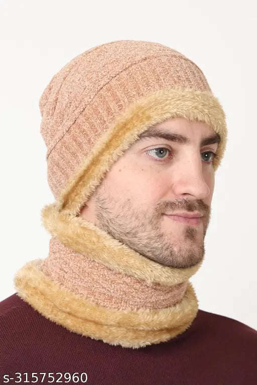 Woolen Weanies Velvet Winter Knit Neck Warmer Scarf & Skull Cap, self-designed pattern, onesize, Indian origin
