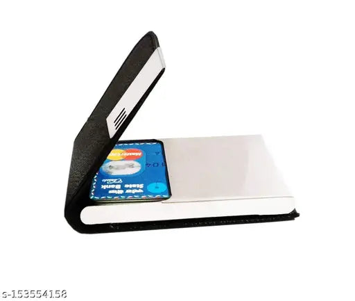 Black leather and stainless steel credit card case with business card holder wallet for men and women