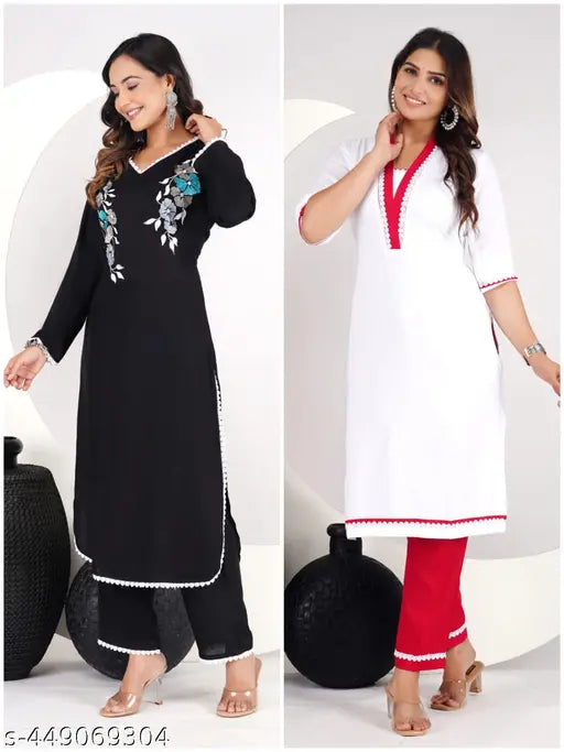 Rayon embroidered straight kurtis and palazzos combo for women, three-quarter sleeves, India-made, S to XXXL sizes available
