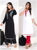 Rayon embroidered straight kurtis and palazzos combo for women, three-quarter sleeves, India-made, S to XXXL sizes available