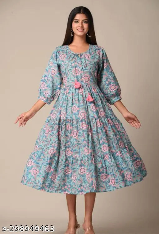 Cotton printed flared middy with three-quarter sleeves, vibrant pattern on a single piece, S-XXXL sizes available