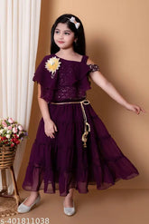 Embroidered net party dress for girls, pink poly silk, short sleeves, latest fashion