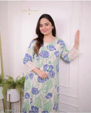 Blue women's rayon kurti set with dupatta and pants, printed net design on display. Three-quarter sleeves, sizes M to XXL. Indian handcrafted rayon kurti set