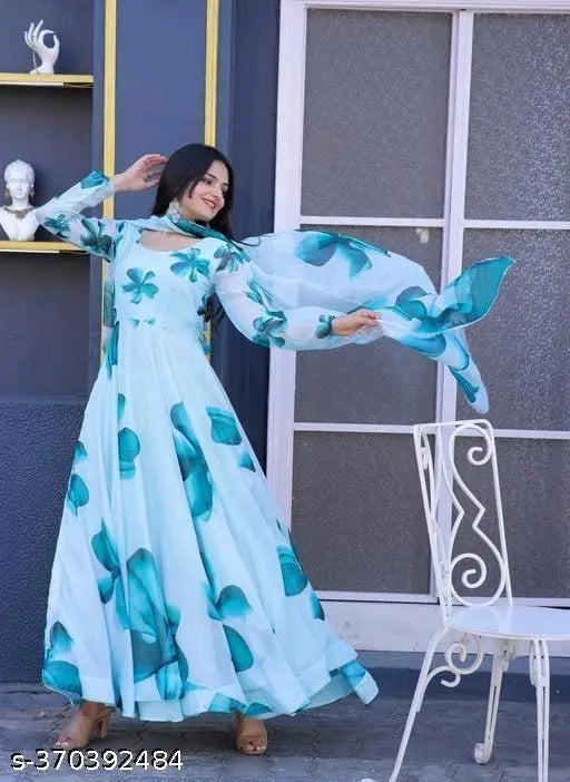 Georgette gown dupatta set, long-sleeved printed kurta with dupatta. Single size M (bust 38 in), L (bust 40 in). Vibrant Indian fashion wear on hanger