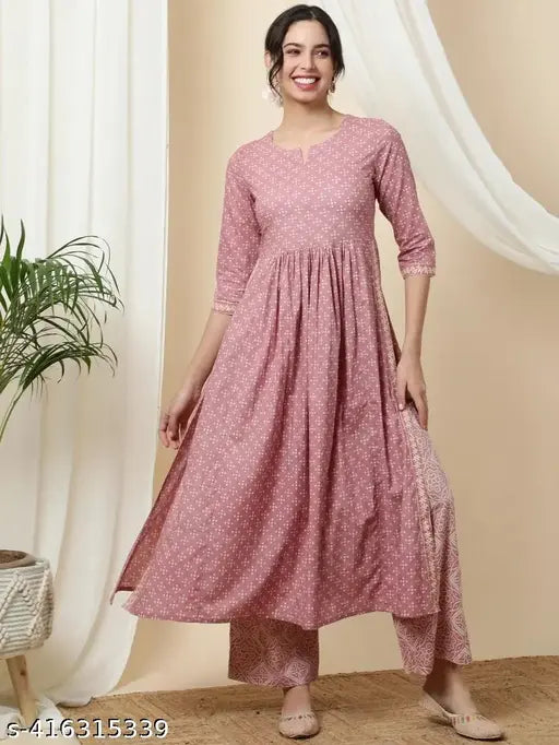 Surya Women's ethnic motifs printed pleated A-line kurta with palazzos (Pink), viscose rayon fabric, 3/4 sleeve length